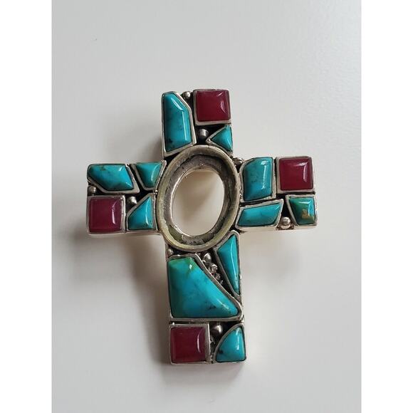 DAMAGED Southwestern Turquoise Cross Pendant in Sterling Silver - Picture 3 of 4